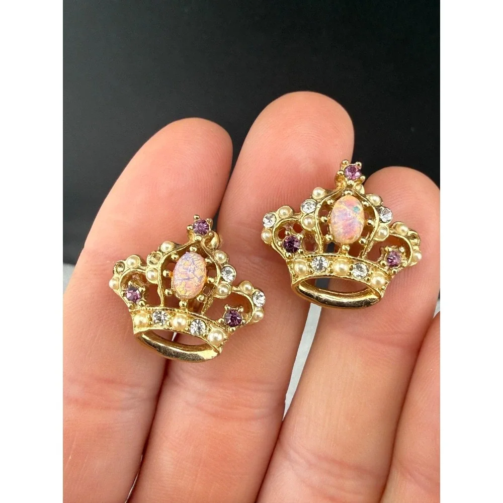 Vintage Crown Brooch Screw Back Earrings Set Rhinestone Pink‎